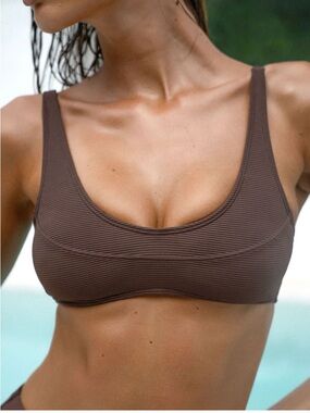 Berlook Coffe Brown Ribbed Bikini Top